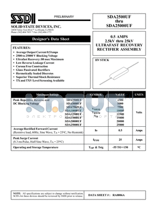 SDA12500UF datasheet - 0.5 AMPS 2.5kV thru 25kV ULTRAFAST RECOVERY RECTIFIER ASSEMBLY