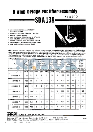 SDA138A datasheet - 5 AMP BRIDGE RECTIFIER ASSEMBLY