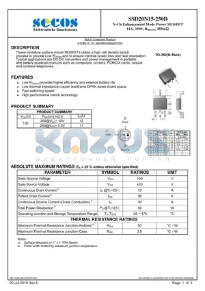 SSD20N15-250D datasheet - N-Ch Enhancement Mode Power MOSFET