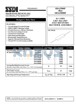 SDA15000F datasheet - 0.5 AMPS 2.5kV thru 25kV FAST RECOVERY RECTIFIER ASSEMBLY