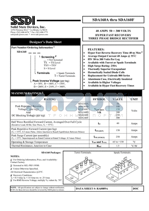 SDA160A datasheet - 40 AMPS 50  300 VOLTS HYPER FAST RECOVERY THREE PHASE BRIDGE RECTIFIER