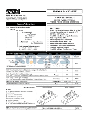 SDA160B datasheet - 40 AMPS 50  300 VOLTS HYPER FAST RECOVERY THREE PHASE BRIDGE RECTIFIER