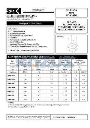 SDA165A datasheet - 10 AMPS 50 - 1000 VOLTS STANDARD RECOVERY SINGLE PHASE BRIDGE