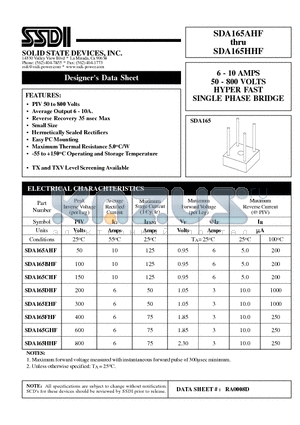 SDA165BHF datasheet - 6 - 10 AMPS 50 - 800 VOLTS HYPER FAST SINGLE PHASE BRIDGE