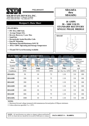 SDA165D datasheet - 10 AMPS 50 - 1000 VOLTS STANDARD RECOVERY SINGLE PHASE BRIDGE