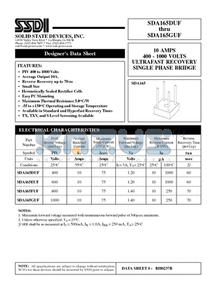 SDA165DUF datasheet - 10 AMPS 400 - 1000 VOLTS ULTRAFAST RECOVERY SINGLE PHASE BRIDGE
