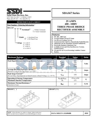 SDA167D datasheet - 25 AMPS 400 - 1000V THREE PHASE BRIDGE RECTIFIER ASSEMBLY