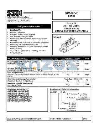 SDA167EUF datasheet - 25 AMPS 400 - 800 VOLTS THREE PHASE BRIDGE RECTIFIER ASSEMBLY