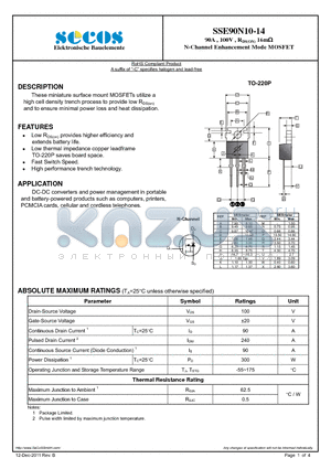 SSE90N10-14 datasheet - 90A , 100V , RDS(ON) 16m N-Channel Enhancement Mode MOSFET