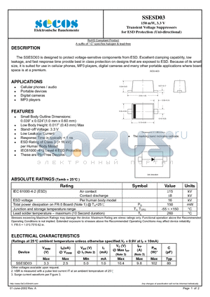 SSESD03 datasheet - 150 mW, 3.3 V Transient Voltage Suppressors for ESD Protection (Uni-directional)