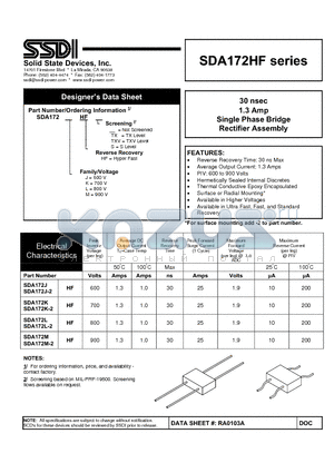 SDA172HF datasheet - Single Phase Bridge Rectifier Assembly