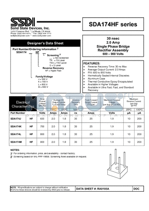 SDA174HF datasheet - Single Phase Bridge Rectifier Assembly