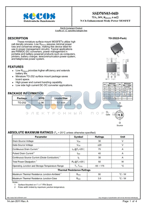 SSD70N03-04D datasheet - N-Ch Enhancement Mode Power MOSFET