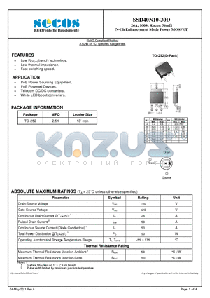 SSD40N10-30D datasheet - N-Ch Enhancement Mode Power MOSFET