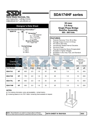 SDA174M datasheet - Single Phase Bridge Rectifier Assembly