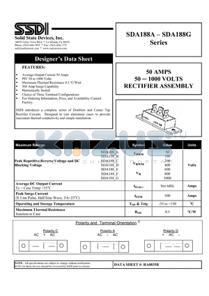 SDA188A datasheet - 50 AMPS 50 - 1000 VOLTS RECTIFIER ASSEMBLY