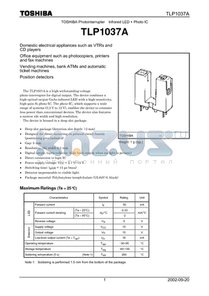 TLP1037A datasheet - DOMESTIC ELECTRICAL APPLIANCES SUCH AS VTRS AND CD PLAYERS