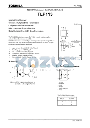 TLP113 datasheet - Isolated Line Receiver Simplex / Multiplex Data Transmission Computer.Peripheral Interface Microprocessor System Interface Digital Isolation For A / D