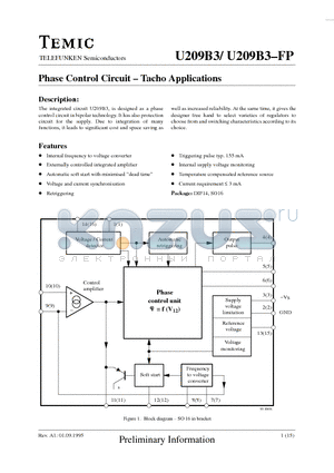 U209B3 datasheet - Phase Control Circuit - Tacho Applications