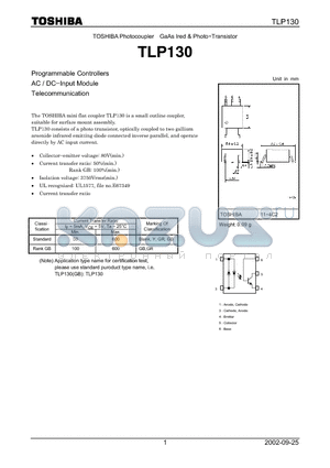 TLP130 datasheet - Programmable Controllers AC / DC.Input Module Telecommunication