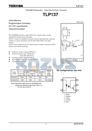 TLP137 datasheet - Office Machine Programmable Controllers AC / DC.Input Module Telecommunication