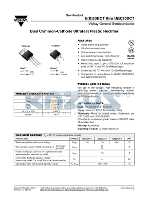 U20DCT datasheet - Dual Common-Cathode Ultrafast Plastic Rectifier