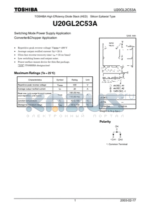 U20GL2C53A datasheet - TOSHIBA High Efficiency Diode Stack (HED) Silicon Epitaxial Type