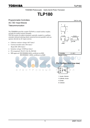 TLP180 datasheet - Photocoupler GaAs Ired & Photo−Transistor