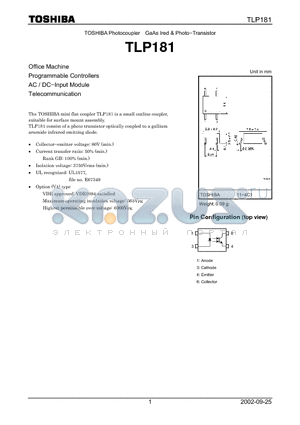 TLP181 datasheet - GaAs Ired and Photo−Transistor