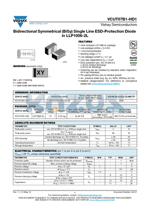VCUT07B1-HD1 datasheet - Bidirectional Symmetrical (BiSy) Single Line ESD-Protection Diode in LLP1006-2L