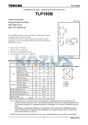 TLP190B datasheet - Photocoupler GaAAs Ired & Photo−Diode Array