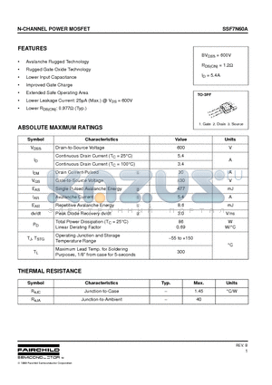 SSF7N60A datasheet - N-CHANNEL POWER MOSFET