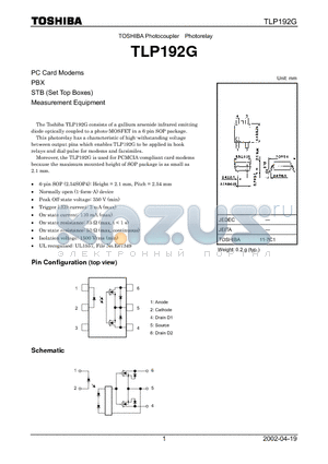 TLP192G datasheet - Photocoupler Photorelay PC Card Modems PBX STB (Set Top Boxes) Measurement Equipment