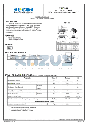 SSF7400 datasheet - 30V , 1.7A , RDS(ON) 85mY N-Ch Enhancement Mode Power MOSFET