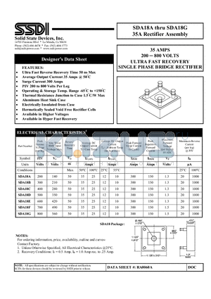 SDA18E datasheet - ULTRA FAST RECOVERY SINGLE PHASE BRIDGE RECTIFIER