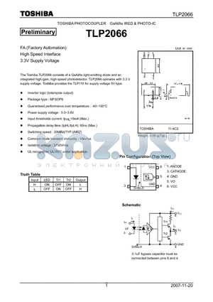 TLP2066 datasheet - High Speed Interface 3.3V Supply Voltage