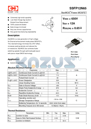 SSFP12N65 datasheet - StarMOST Power MOSFET