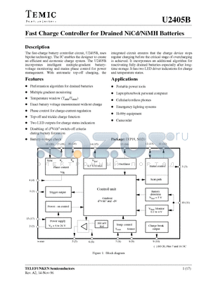 U2405B datasheet - Fast Charge Controller for Drained NiCd/NiMH Batteries