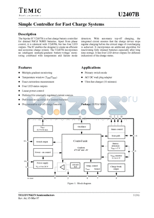 U2407B datasheet - Simple Controller for Fast Charge Systems