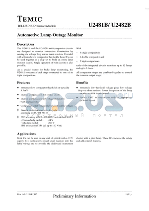 U2481B datasheet - Automotive Lamp Outage Monitor