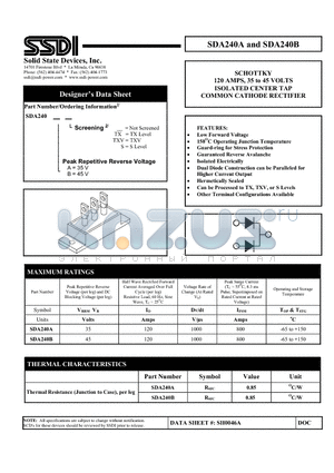 SDA240A datasheet - 120 AMPS, 35 to 45 VOLTS ISOLATED CENTER TAP COMMON CATHODE RECTIFIER
