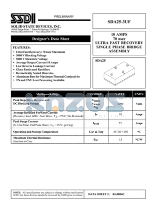 SDA25-3UF datasheet - 10 AMPS 70 nsec ULTRA FAST RECOVERY SINGLE PHASE BRIDGE ASSEMBLY