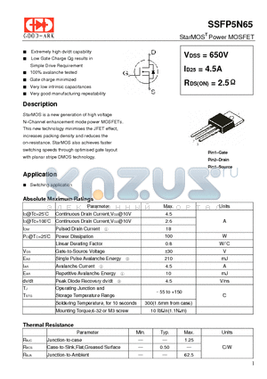 SSFP5N65 datasheet - StarMOST Power MOSFET