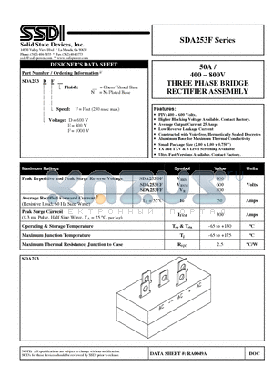 SDA253F datasheet - 50A / 400 - 800V THREE PHASE BRIDGE RECTIFIER ASSEMBLY