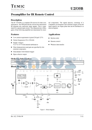 U2535B-FP datasheet - Preamplifier for IR Remote Control