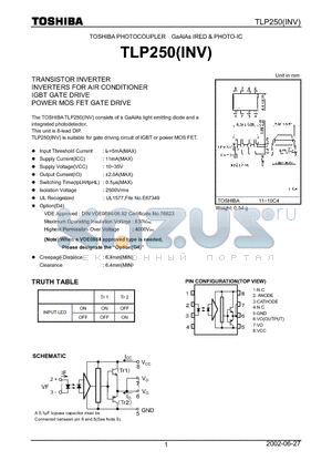 TLP250INV datasheet - TRANSISTOR INVERTER INVERTERS FOR AIR CONDITIONER IGBT GATE DRIVE POWER MOS FET GATE DRIVE