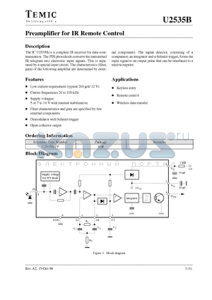 U2535B datasheet - Preamplifier for IR Remote Control