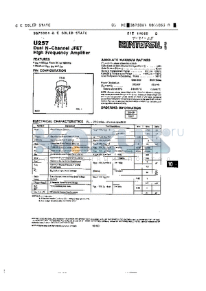 U257 datasheet - DUAL N-CHANNEL JFET HIGH FREQUENCY AMPLIFIER