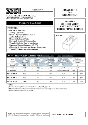 SDA262EF-3 datasheet - 50 AMPS 600 - 1000 VOLTS FAST RECOVERY THREE PHASE BRIDGE