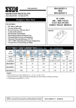 SDA262FF-3 datasheet - 50 AMPS 600 - 1000 VOLTS FAST RECOVERY THREE PHASE BRIDGE